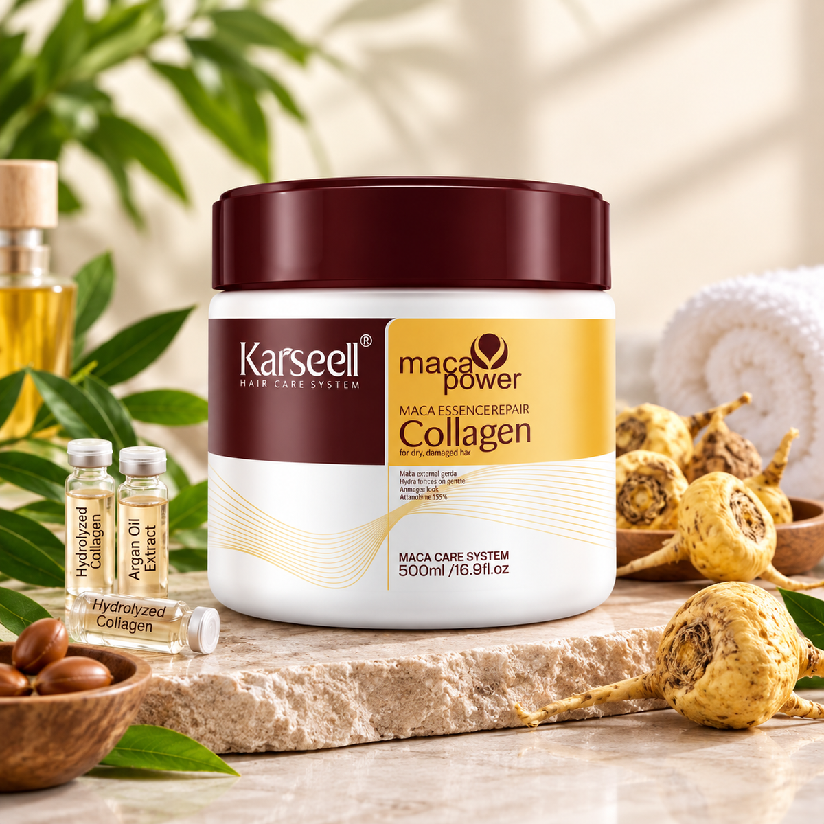 A jar of Karseell Maca Power Collagen hair care product is displayed on a stone slab with maca roots, small bottles of ingredients, and green leaves in a styled setting.