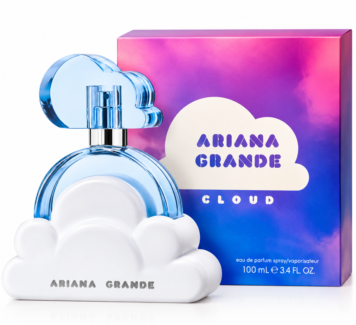Ariana Grande Cloud Eau de Parfum bottle and its colorful packaging box. The bottle is shaped like a white cloud with a translucent light blue cap, and the box features a vibrant pink-to-blue gradient with a white cloud graphic.