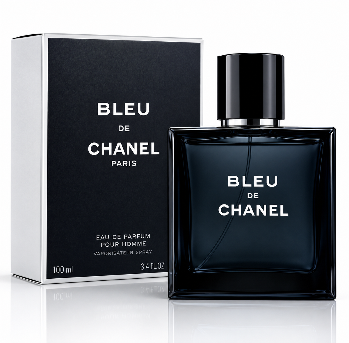 Chanel Bleu de Chanel Eau de Parfum 100ml bottle and its black and white packaging box, displayed on a reflective white surface.