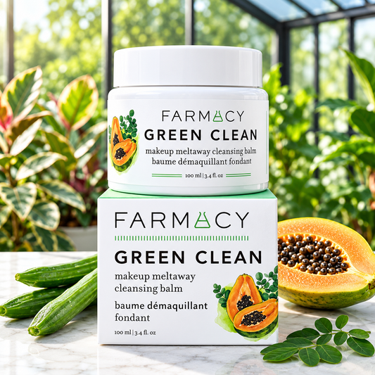 A jar of FARMACY Green Clean makeup meltaway cleansing balm sits on top of its matching box, styled on a marble surface with cucumbers and a sliced papaya in a lush greenhouse setting.