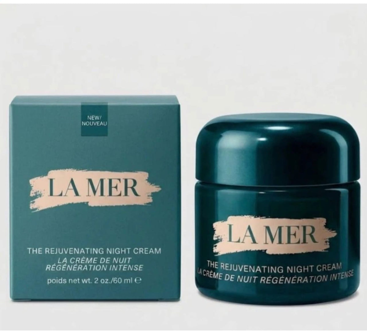 La Mer The Rejuvenating Night Cream shown with its dark teal box and matching jar on a light gray background.
