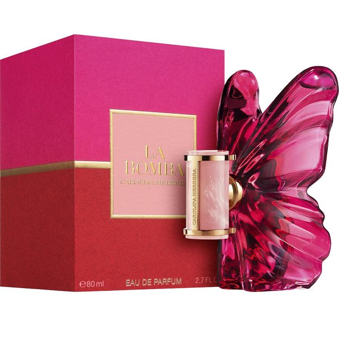 Carolina Herrera La Bomba Eau de Parfum 80ml (2.7 fl oz) perfume box in pink and red packaging with gold accents.