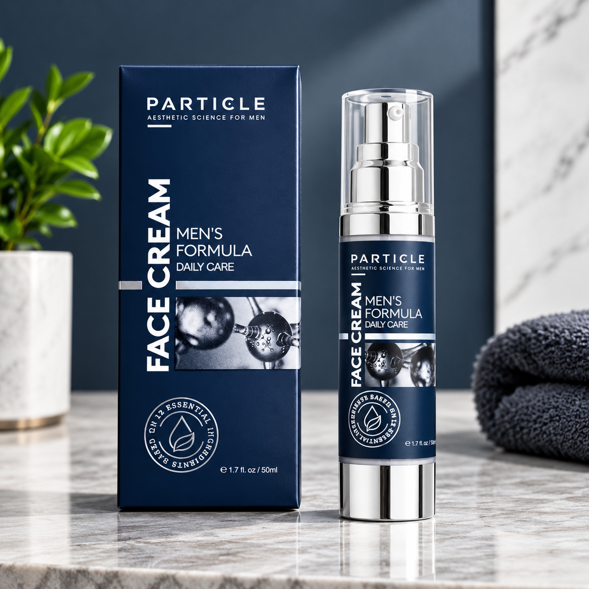 Particle Men’s Face Cream 50ml with pump dispenser and navy blue packaging displayed on a marble surface.
