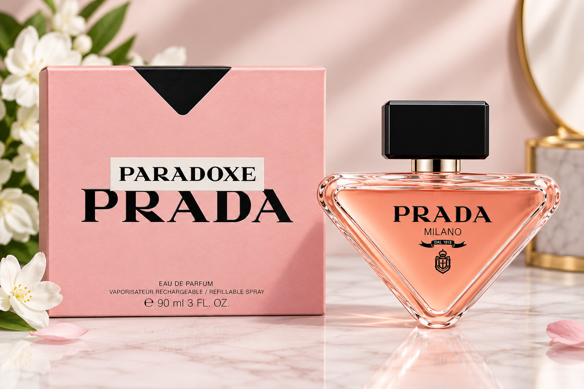 Prada Paradoxe Milano Eau de Parfum bottle and its pink packaging box, styled on a marble surface with white flowers and a soft pink background.
