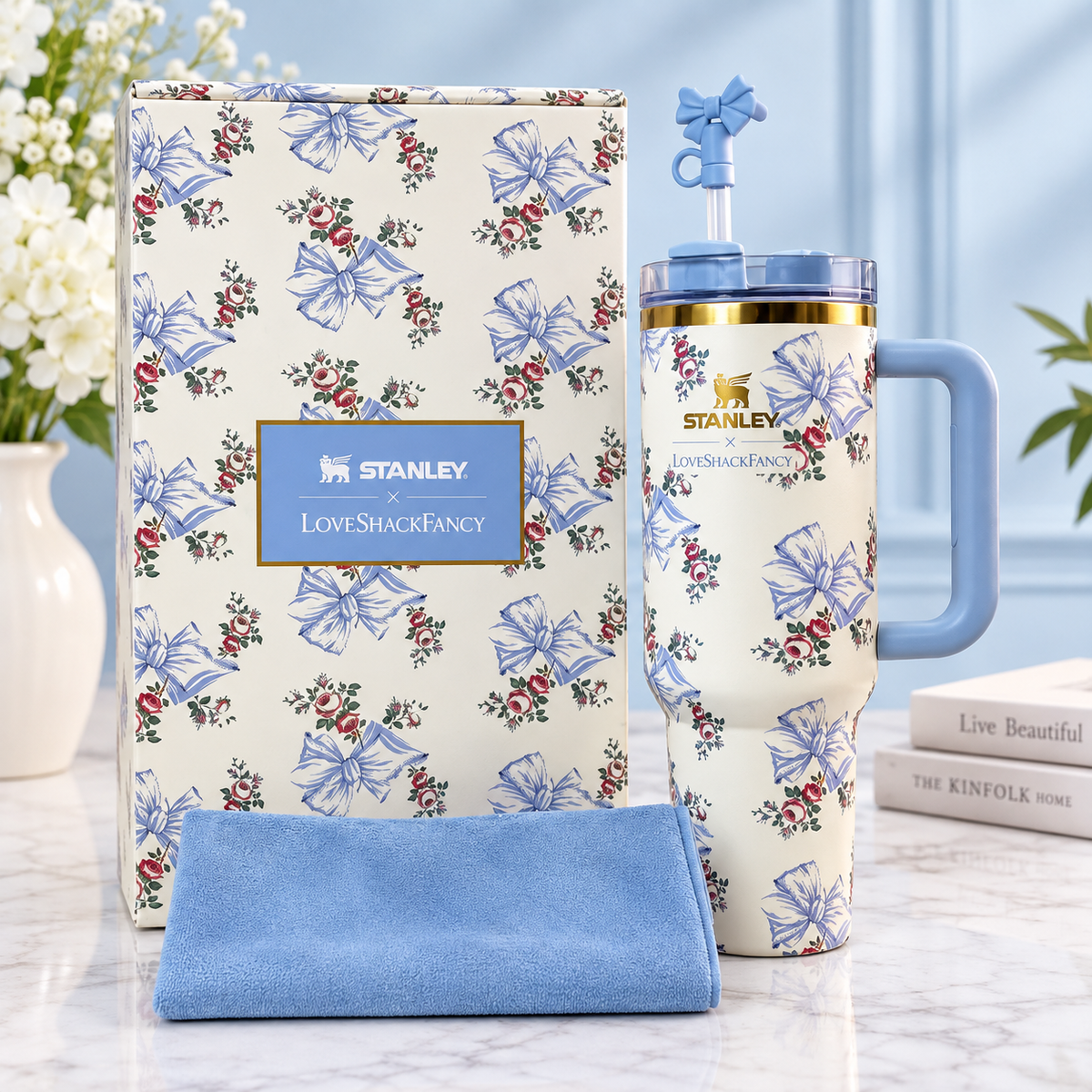 Stanley x LoveShackFancy 40 oz floral blue Quencher tumbler with bow straw topper and gift box