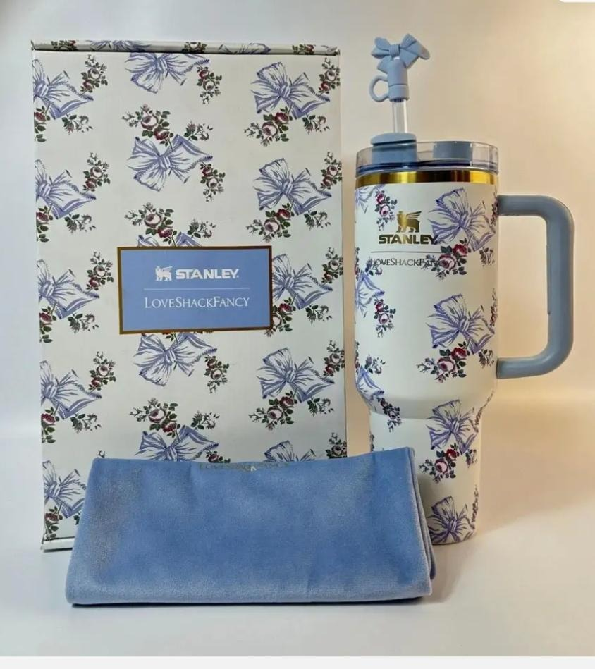 Stanley x LoveShackFancy 40 oz floral blue Quencher tumbler with bow straw topper and gift box