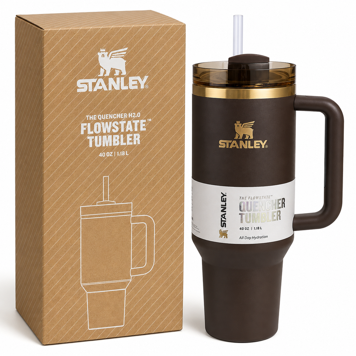 A dark brown Stanley Quencher H2.0 FlowState tumbler with a handle, clear lid, and straw, shown next to its brown cardboard packaging box on a white background.